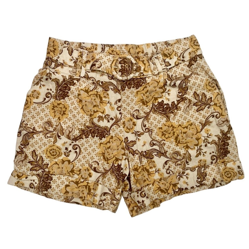 French Linen Blend Women’s Shorts Sz 6 Yellow Floral Belted Maison d'Amelie